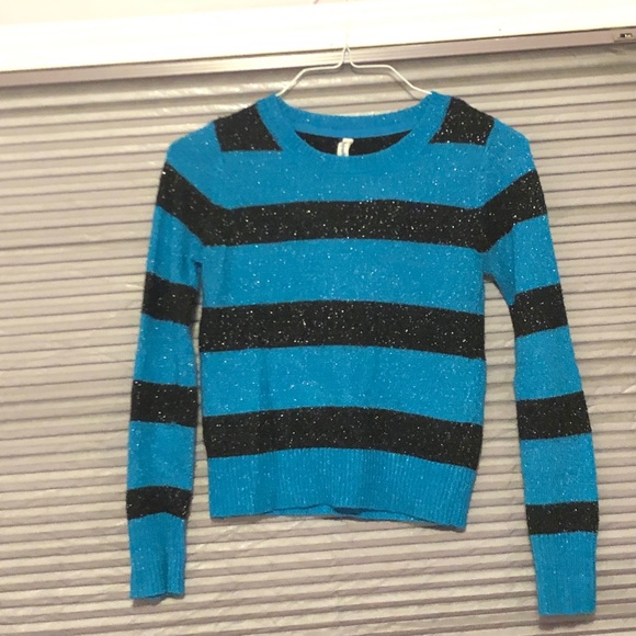 Cool Aeropostale Blue black Stripe Sparkle knit Sweater Long sleeves shimmer top - Picture 6 of 13